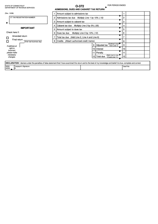 Fillable Form O-372 - Admissions, Dues And Cabaret Tax Return - Connecticut Department Of Revenue Services Printable pdf