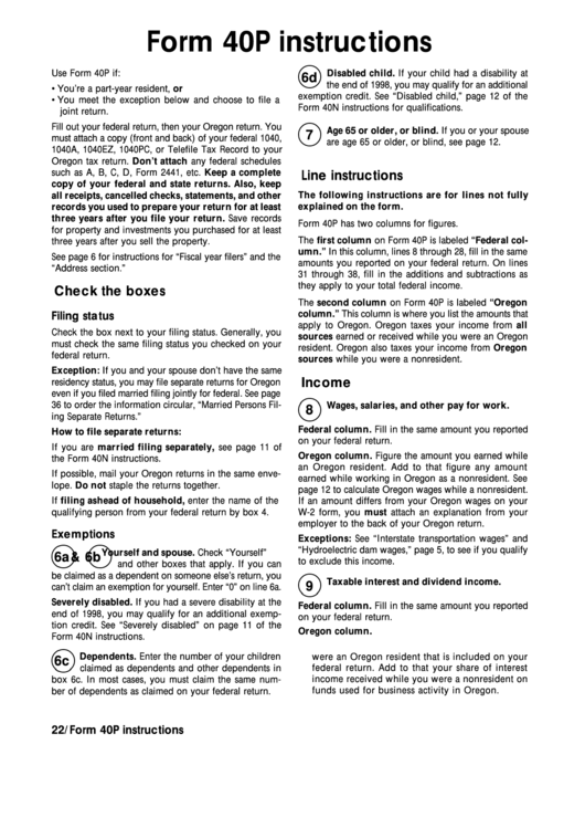 Form 40p Instructions - Oregon Department Of Revenue Printable pdf