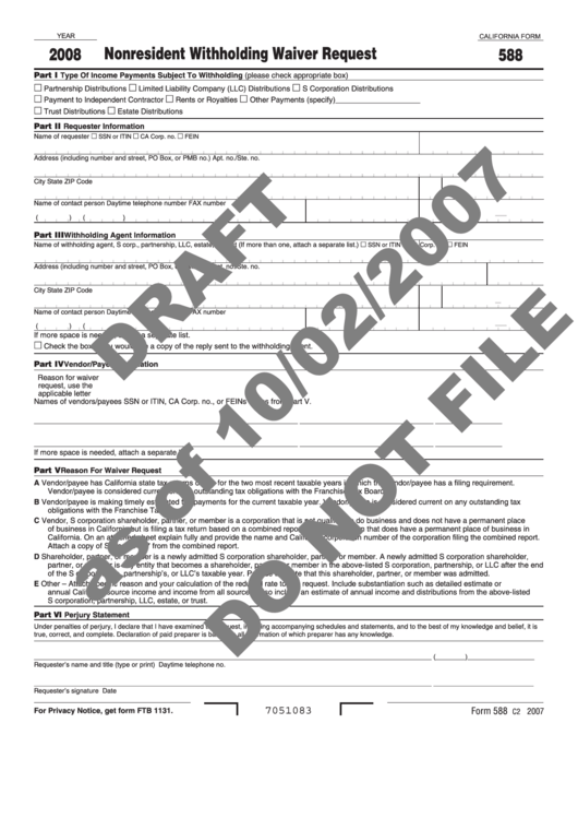 Form 588 Draft Nonresident Withholding Waiver Request 2008 Printable Pdf Download 6574