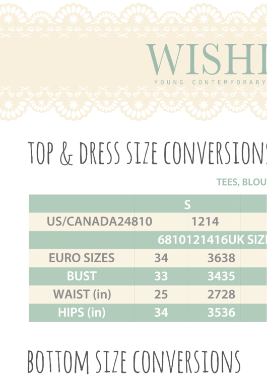 Wishlist Top & Dress Size Conversions Chart Printable pdf