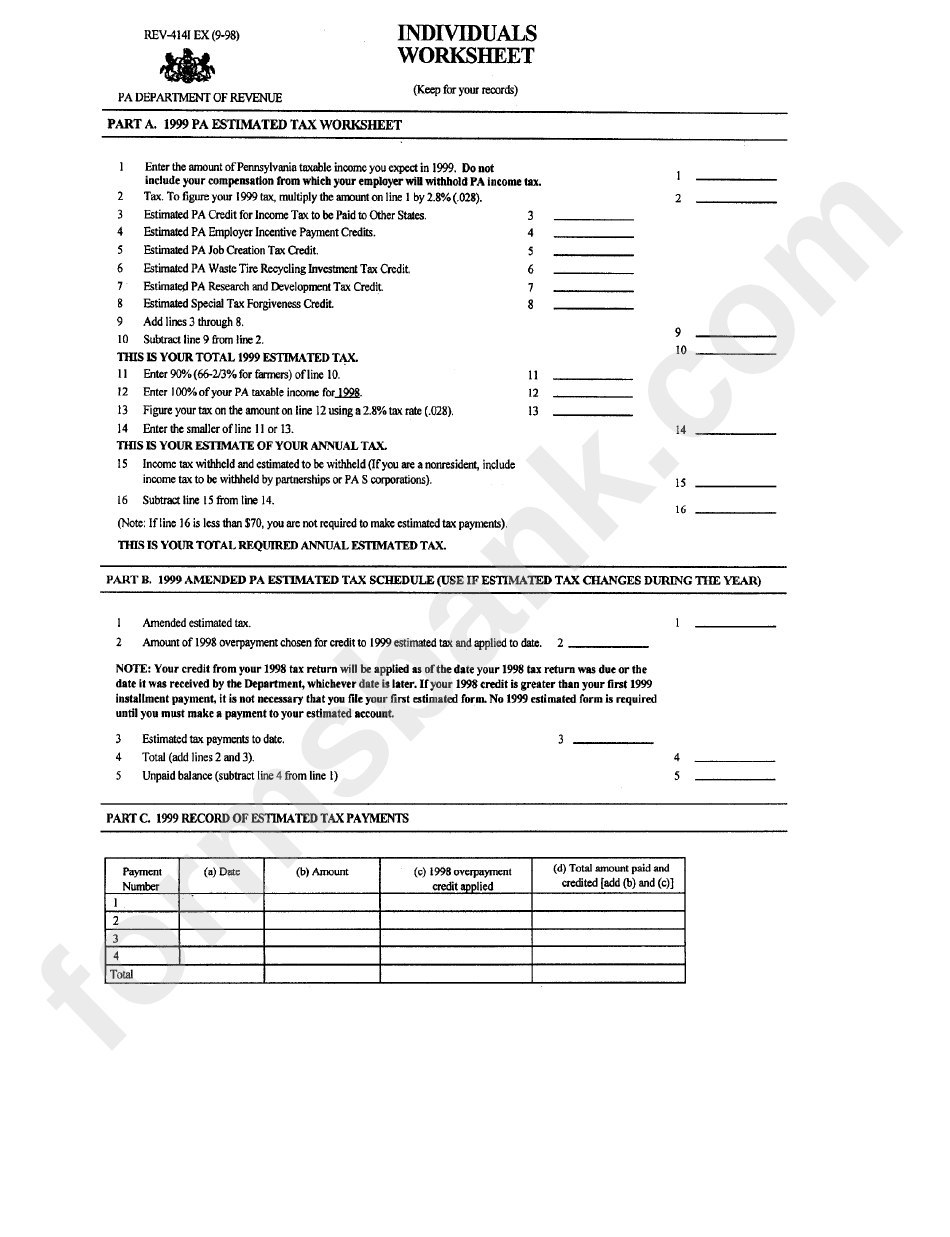 Form Rev-4141 Ex - Individuals Worksheet - Pa Department Of Revenue
