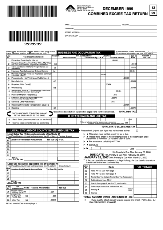 Form 12 - Combined Excise Tax Return - 1999 Printable pdf