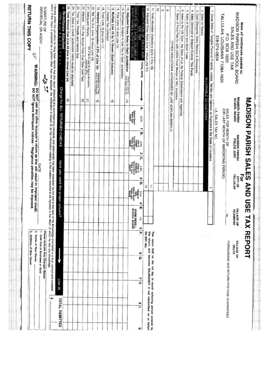 Madison Parish Sales And Use Tax Return - Tallulah Printable pdf