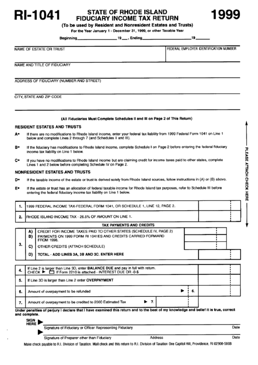 Form Ri-1041 - State Of Rhose Island Fiduciary Income Tax Return - 1999 Printable pdf