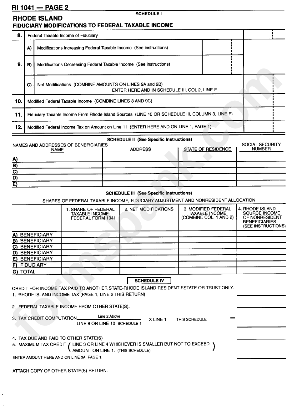 Form Ri-1041 - State Of Rhose Island Fiduciary Income Tax Return - 1999