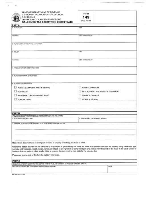 Form 149 - Sales/use Tax Exemption Certificate - Missouri Department Of Revenue Printable pdf