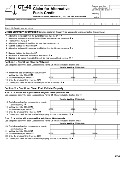 Fillable Form Ct-40 - Claim For Alternative Fuels Credit - New York State Department Of Taxation And Finance Printable pdf