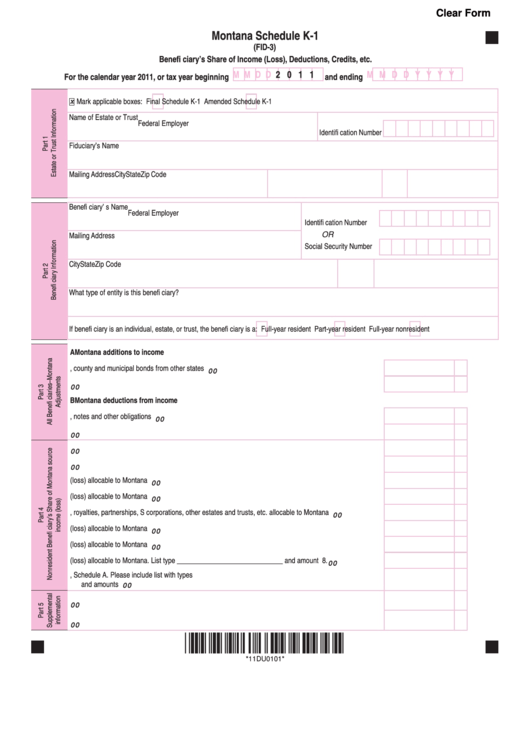 Fillable Form Fid-3 - Montana Schedule K-1 - Beneficiary