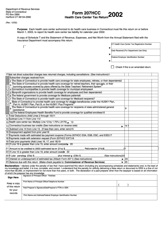 Form 207hcc - Health Care Center Tax Return - 2002 Printable pdf