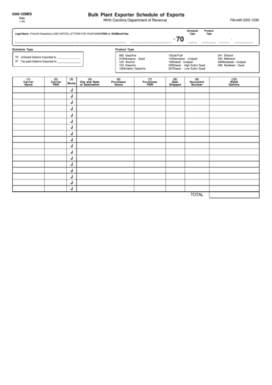 Form Gas-1239es - Bulk Plant Exporter Schedule Of Exports - North Carolina Department Of Revenue Printable pdf