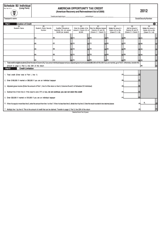 Schedule B2 Individual - American Opportunity Tax Credit - 2012 Printable pdf
