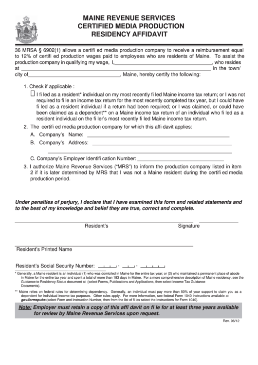 Maine Revenue Services Certified Media Production Residency Affidavit Printable pdf