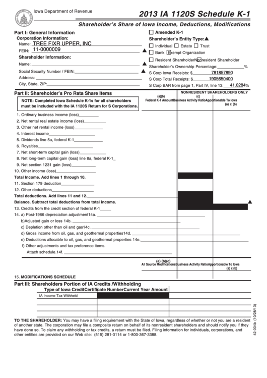 Fillable Form Ia 1120s - Schedule K-1 - Shareholder