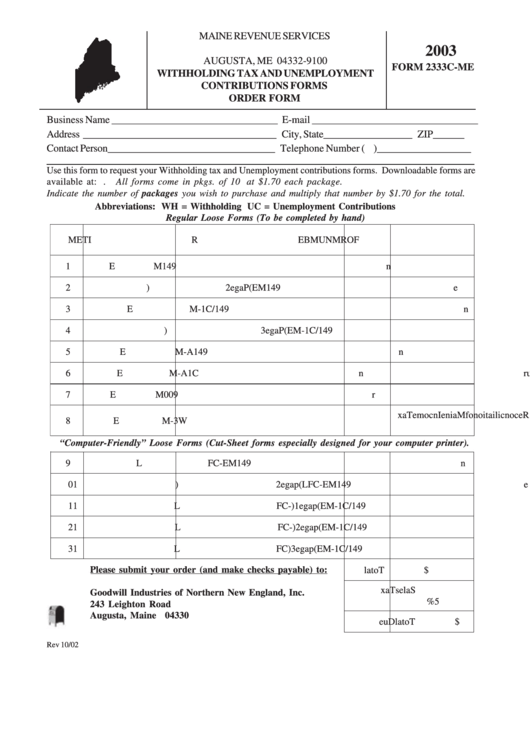 Form 2333c-Me - Withholding Tax And Unemployment Contributions Forms - Order Form - 2003 Printable pdf