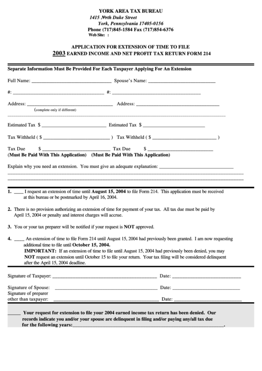 Form 214 - Application For Extension Of Time To File - Earned Income And Net Profit Tax Return - 2003 Printable pdf