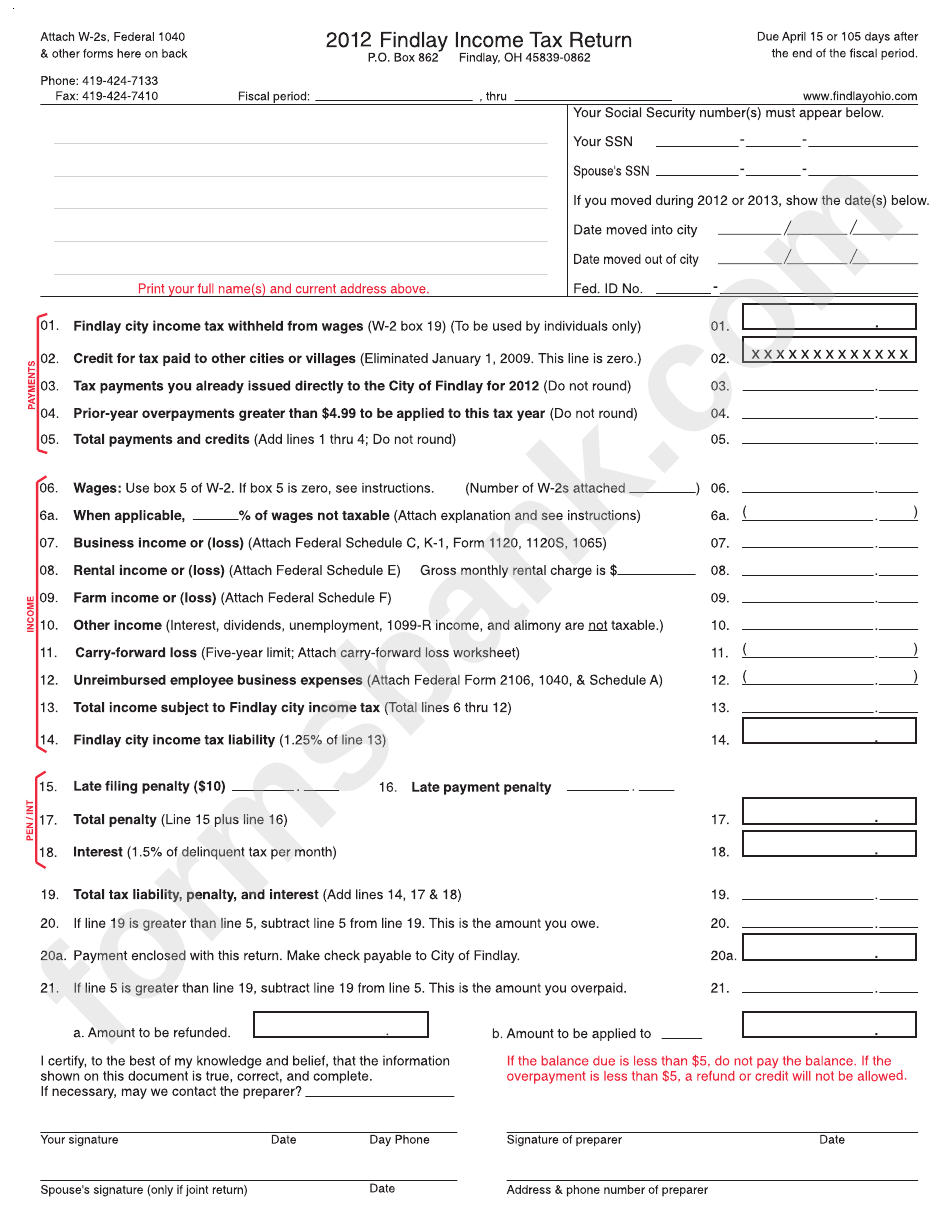 Fillable Findlay Tax Return 2012 printable pdf download