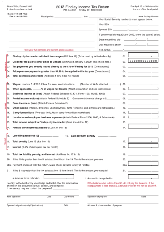 Fillable Findlay Income Tax Return - 2012 Printable pdf