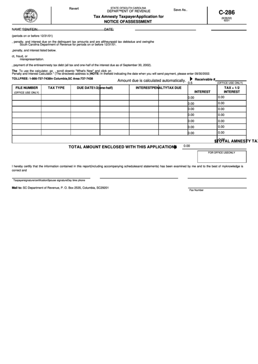 Fillable Form C-286 - Tax Amnesty Taxpayer Application For Notice Of Assessment Printable pdf