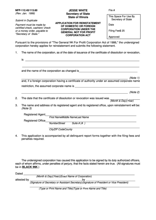 Form Nfp-112.45/113.60 - Application For Reinstatement Of Domestic Or Foreign Corporation Under The General Not For Profit Corporation Act Printable pdf
