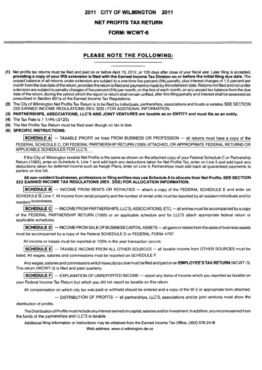Form Wcwt-6 - City Of Wilmington Net Profits Tax Return Instructions - 2011 Printable pdf