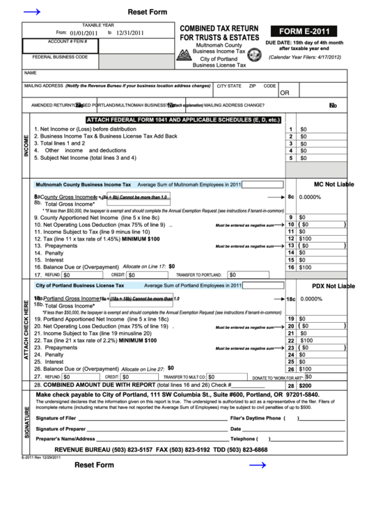 Fillable Form E-2011 - Combined Tax Return For Trusts & Estates ...