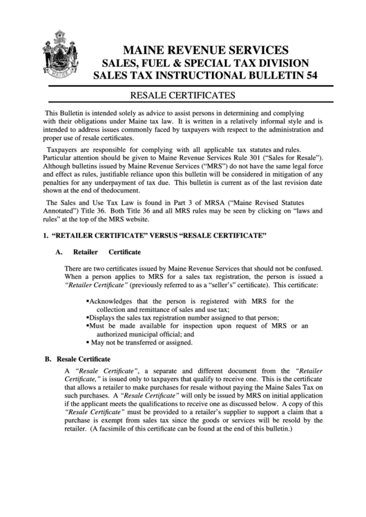 Sales, Fuel And Special Tax Division Sales Tax Instructional Bulletin 54 - Maine Revenue Services Printable pdf