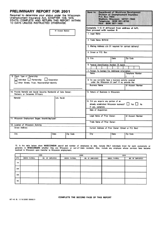 Form Uct-43 - Preliminary Report For 2001 Printable pdf