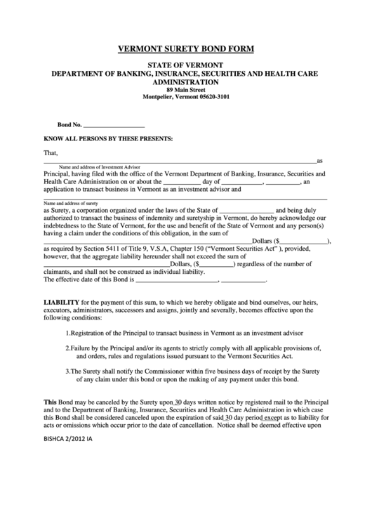 Form Bishca 2/2012 Ia - Vermont Surety Bond Form Printable pdf