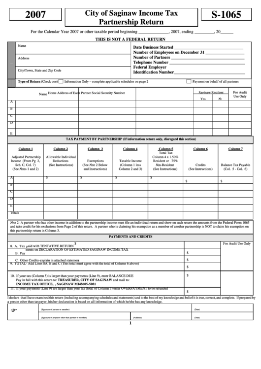 Fillable Form S1065 City Of Saginaw Tax Partnership Return