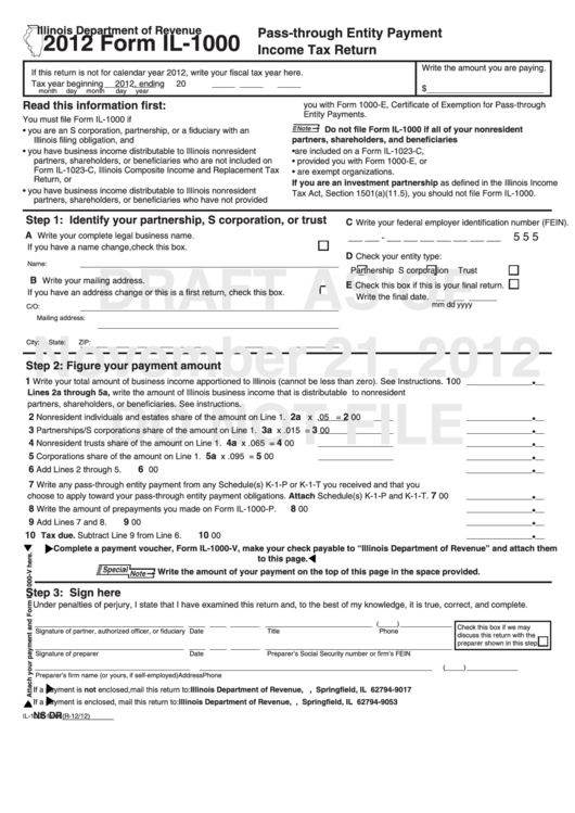 Form Il-1000 Draft - Pass-Through Entity Payment Income Tax Return - 2012 Printable pdf