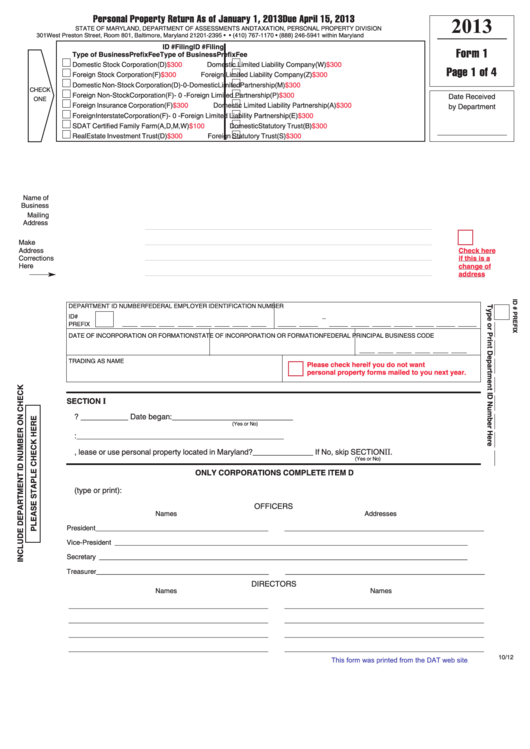 Fillable Form 1 - Personal Property Return - 2013 Printable pdf