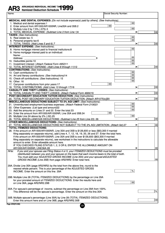 Form Ar3 - Arkansas Individual Income Tax Return Itemized Deduction Schedule - 1999 Printable pdf