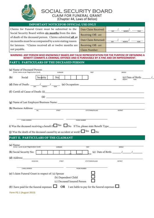 Fillable Form Fg.1 - Claim For Funeral Grant - Social Security Board - 2013 Printable pdf