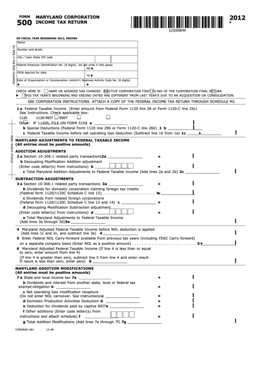 Fillable Form 500 - Maryland Corporation Income Tax Return - 2012 Printable pdf