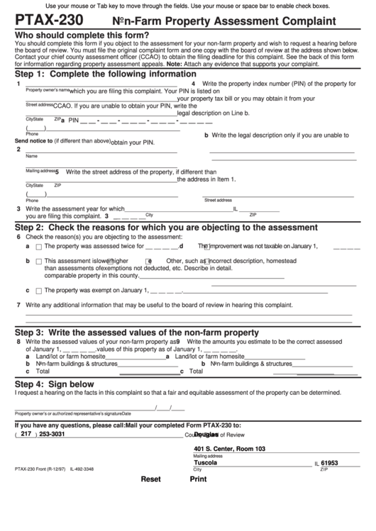 Fillable Form Ptax-230 - Non-Farm Property Assessment Complaint Printable pdf
