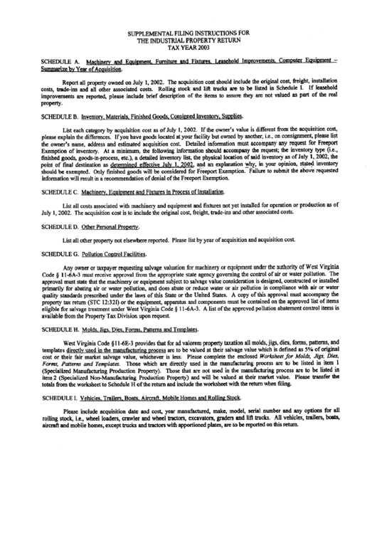Supplemental Filing Instructions For The Industrial Property Return - 2003 Printable pdf