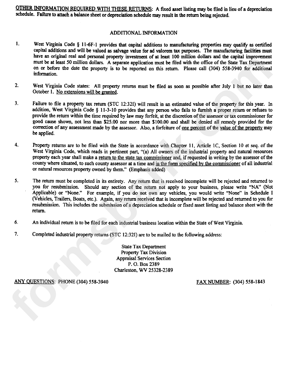 Supplemental Filing Instructions For The Industrial Property Return - 2003