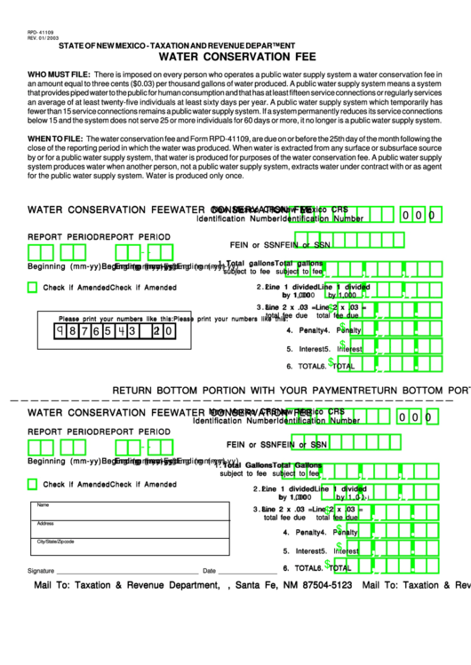 Form Rpd-41109 - Water Conservation Fee Printable pdf