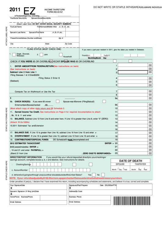 Form 200-03 Ez - Delaware Individual Resident Income Tax Return - 2011 Printable pdf