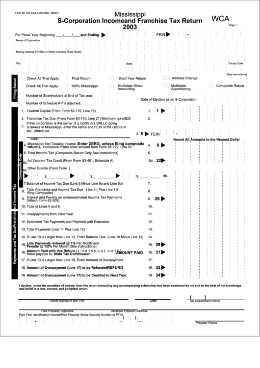 Form 85-105-03-8-1-000 - Mississippi S-Corporation Income And Franchise Tax Return - 2003 Printable pdf