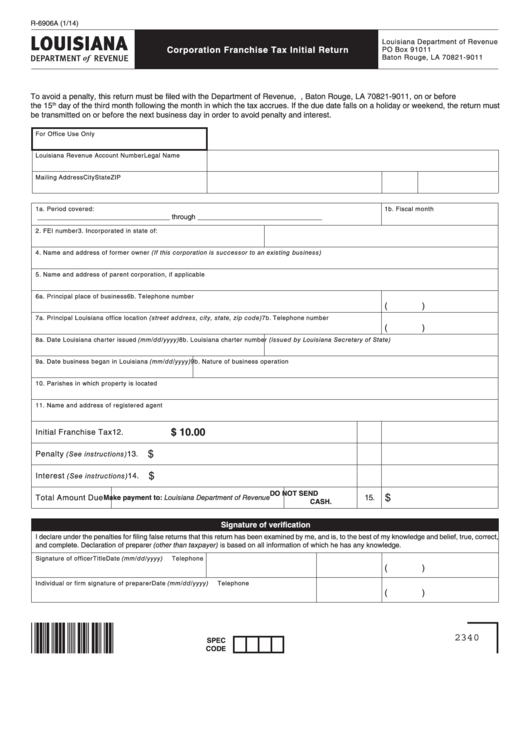 Fillable Form R-6906a - Corporation Franchise Tax Initial Return Printable pdf