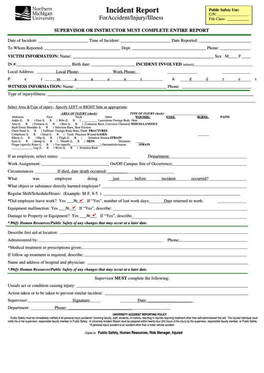 Fillable Incident Report - For Accident/injury/illness Form Printable pdf