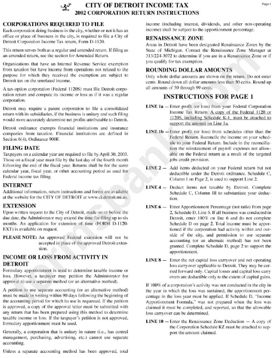 Instructions For Form D-1120 Corporate Return - 2002