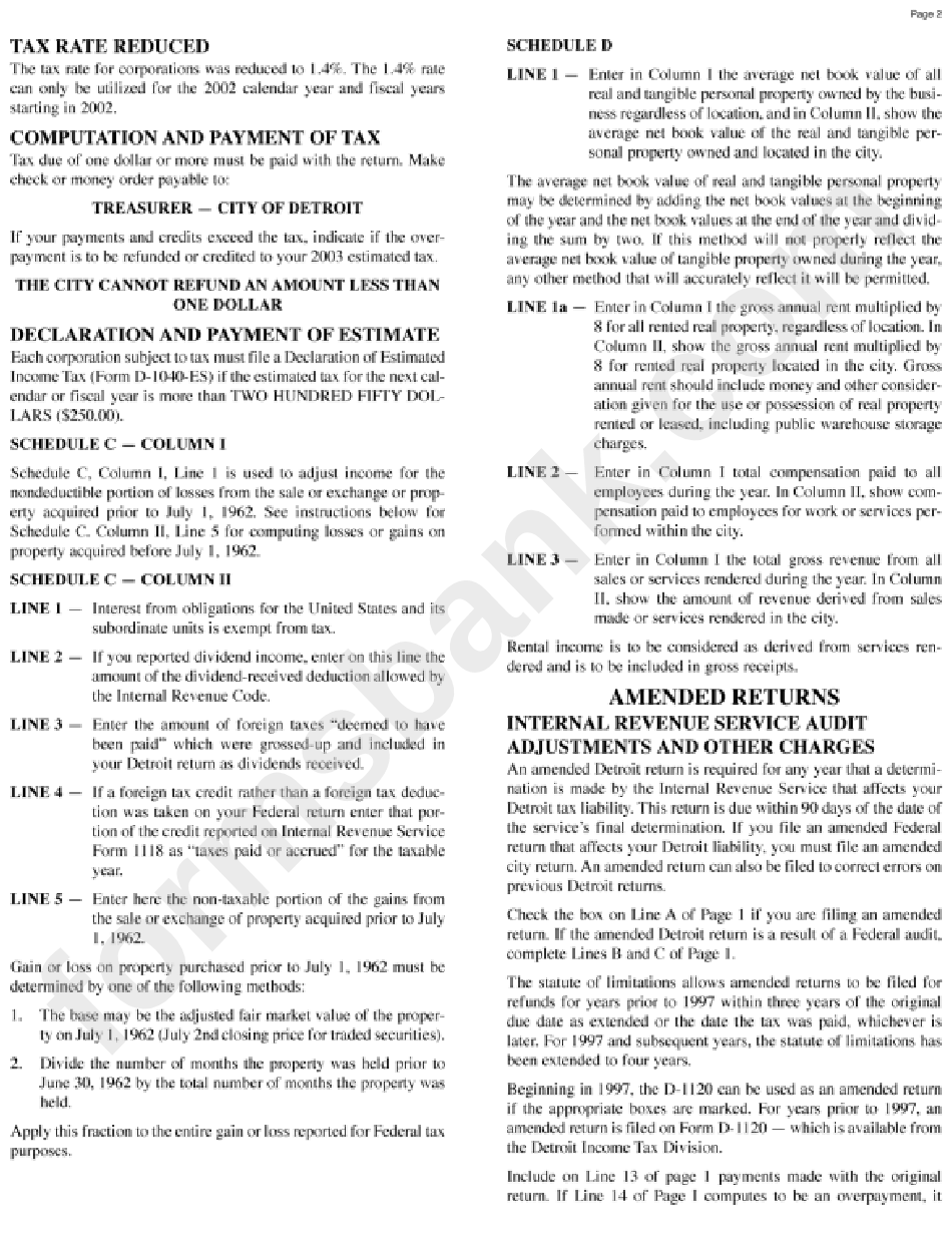 Instructions For Form D-1120 Corporate Return - 2002