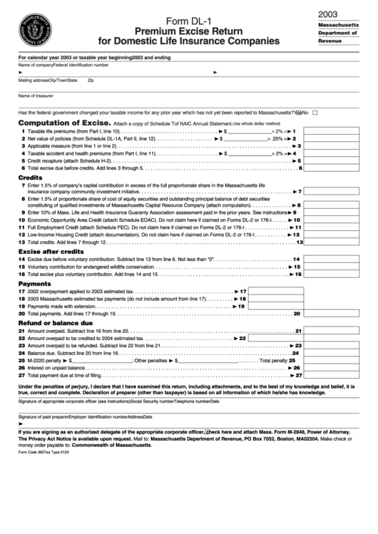 Form Dl-1 - Premium Excise Return For Domestic Life Insurance Companies - 2003 Printable pdf