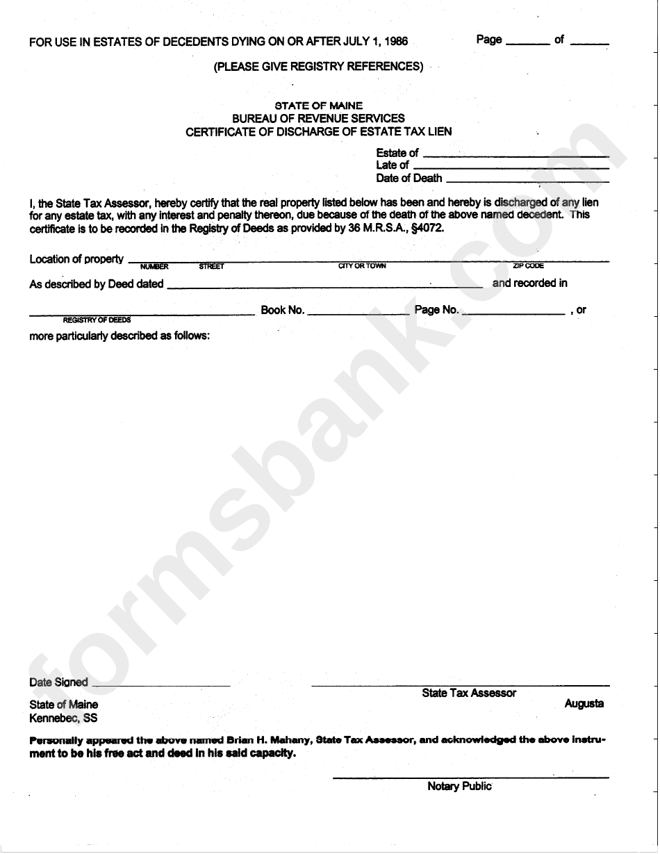 Certificate Of Discharge Of Estate Tax Lien Form - 1986