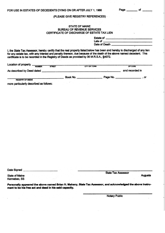 Fillable Certificate Of Discharge Of Estate Tax Lien Form - 1986 Printable pdf