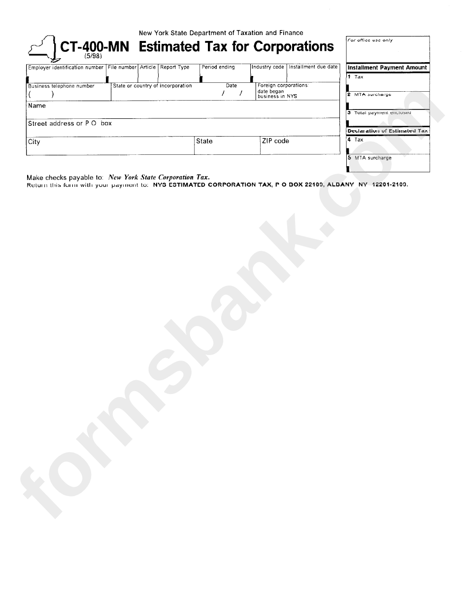 Form Ct-400-Mn - Estimated Tax For Corporations - New York State Department Of Taxation And Finance