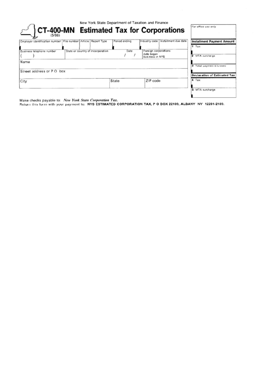 Fillable Form Ct-400-Mn - Estimated Tax For Corporations - New York State Department Of Taxation And Finance Printable pdf