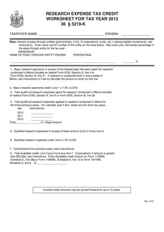Research Expense Tax Credit Worksheet For Tax Year - 2013 Printable pdf